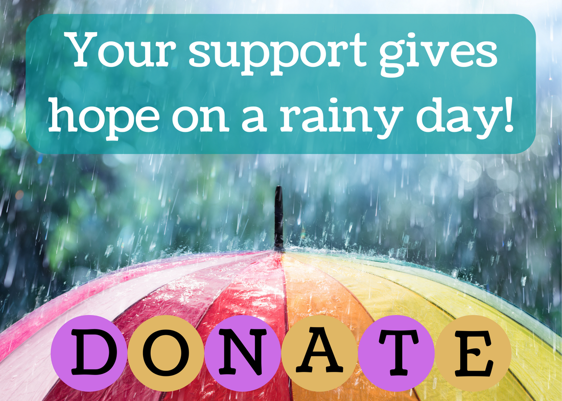 Text reading ‘Your support gives hope on a rainy day.” Colorful umbrella under the rain over “DONATE”