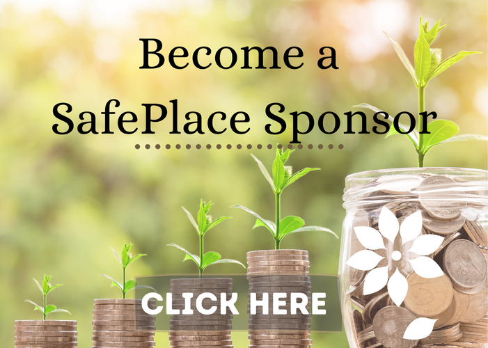 Stacks of coins with plant sprouts growing from the top, a jar of coins with a larger plant sprouting from the top. Become a SafePlace Sponsor.