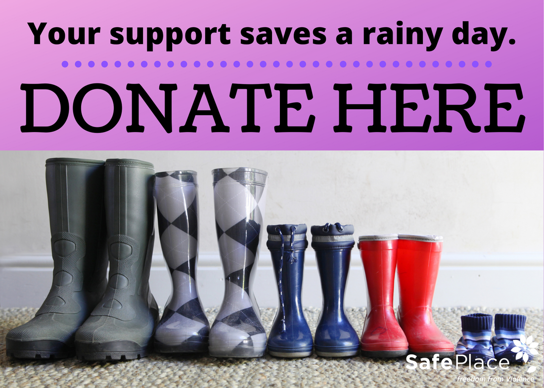 Series of rain boots ranging from adult to children's sizes, text reading ‘your support saves a rainy day. Donate here.”